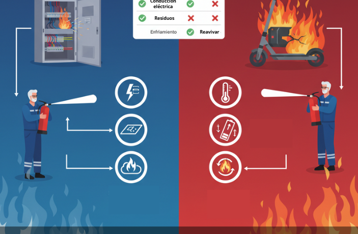 Extintores de CO2 y electricidad: qué usar y qué evitar en cuadros y patinetes eléctricos